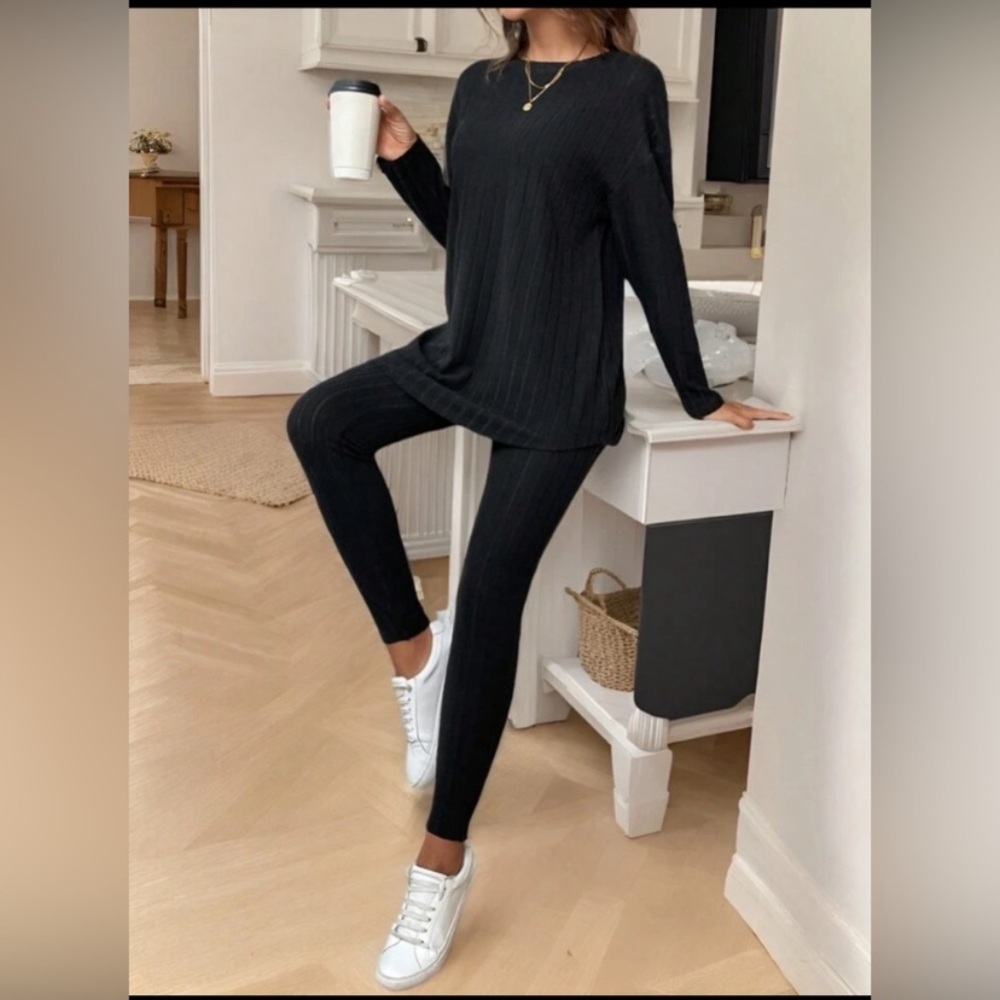 NWOT/SHEIN Black Ribbed Knit Leggings Set